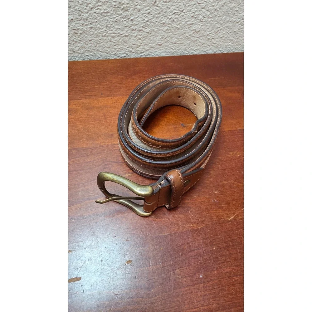 Paul Fredrick Belt Mens 44‎ Brown Leather Canvas Made in Italy Casual Classic